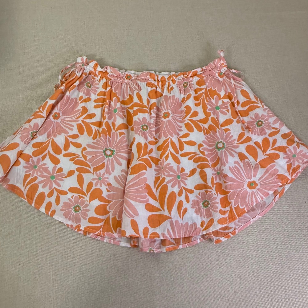 Aerie Orange Pink Floral Mini Skirt Elastic Waist Side Tie Cotton L